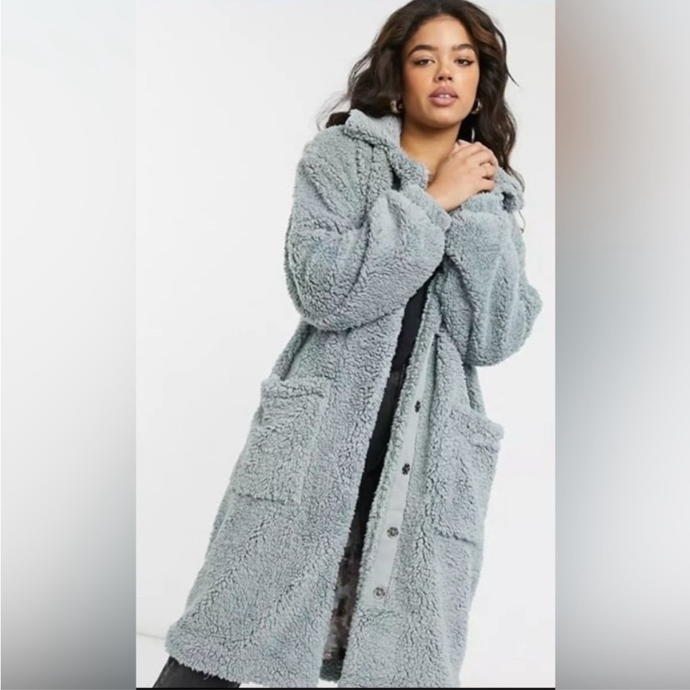 Free People Oversized Hooded Teddy Coat in Dusty Blue